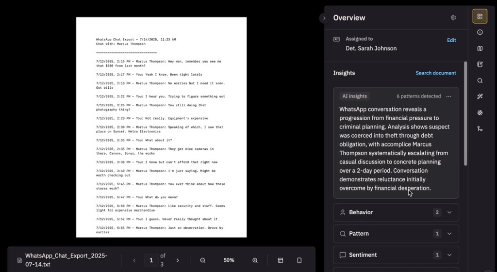 Document viewer with AI insights summarizing chat export