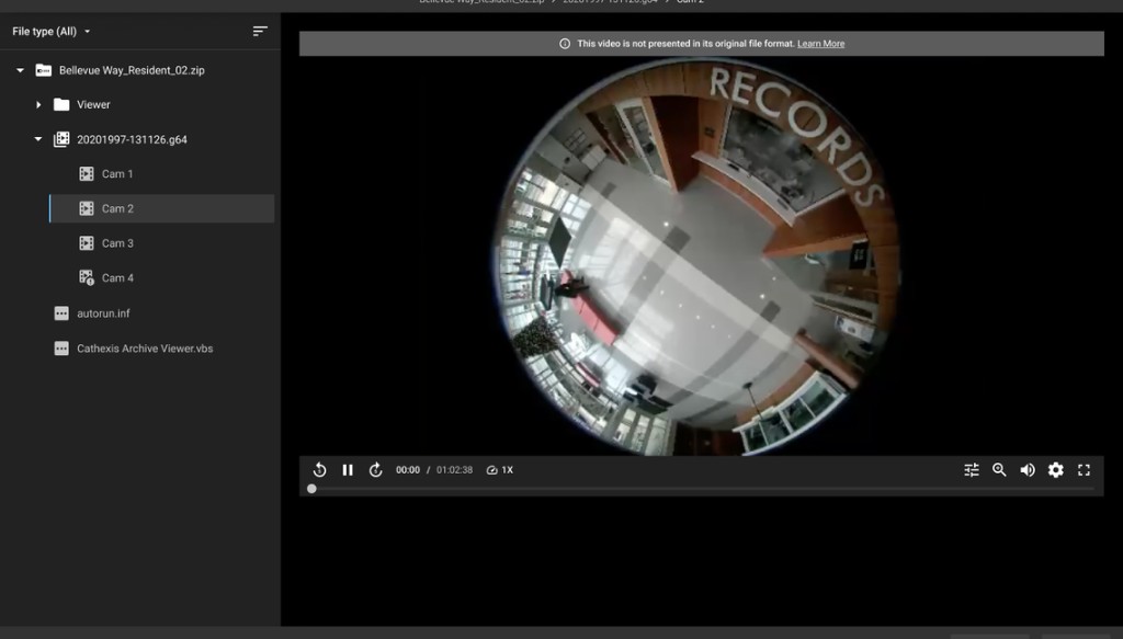Multi-camera evidence viewer showing fisheye video and file tree