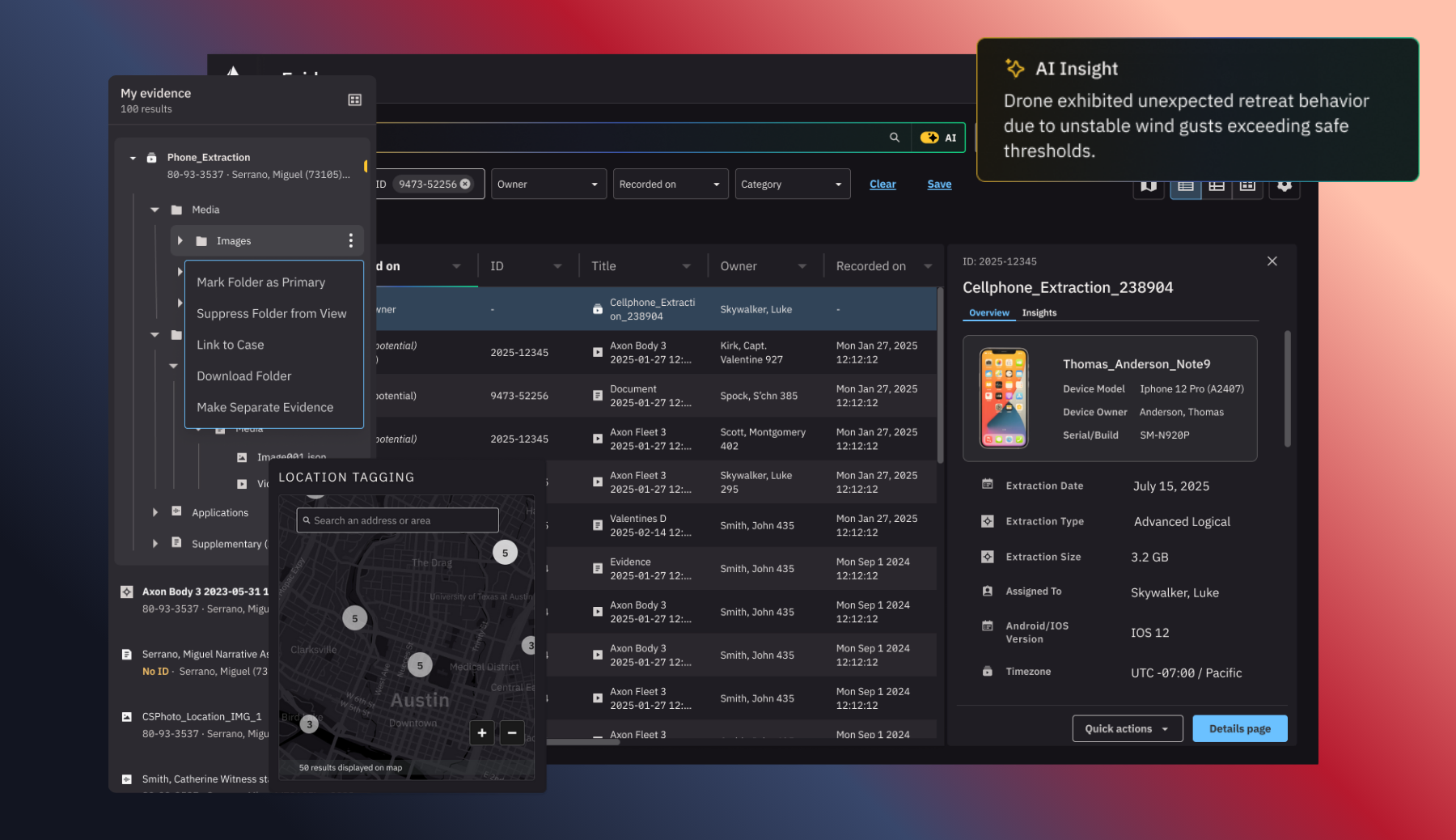 Evidence Bundles interface showing evidence list, detail panel, and AI insights