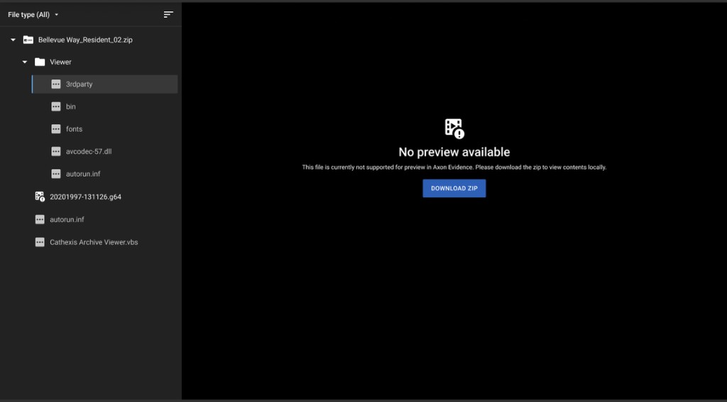 File browser in Axon Evidence with unsupported preview and download option