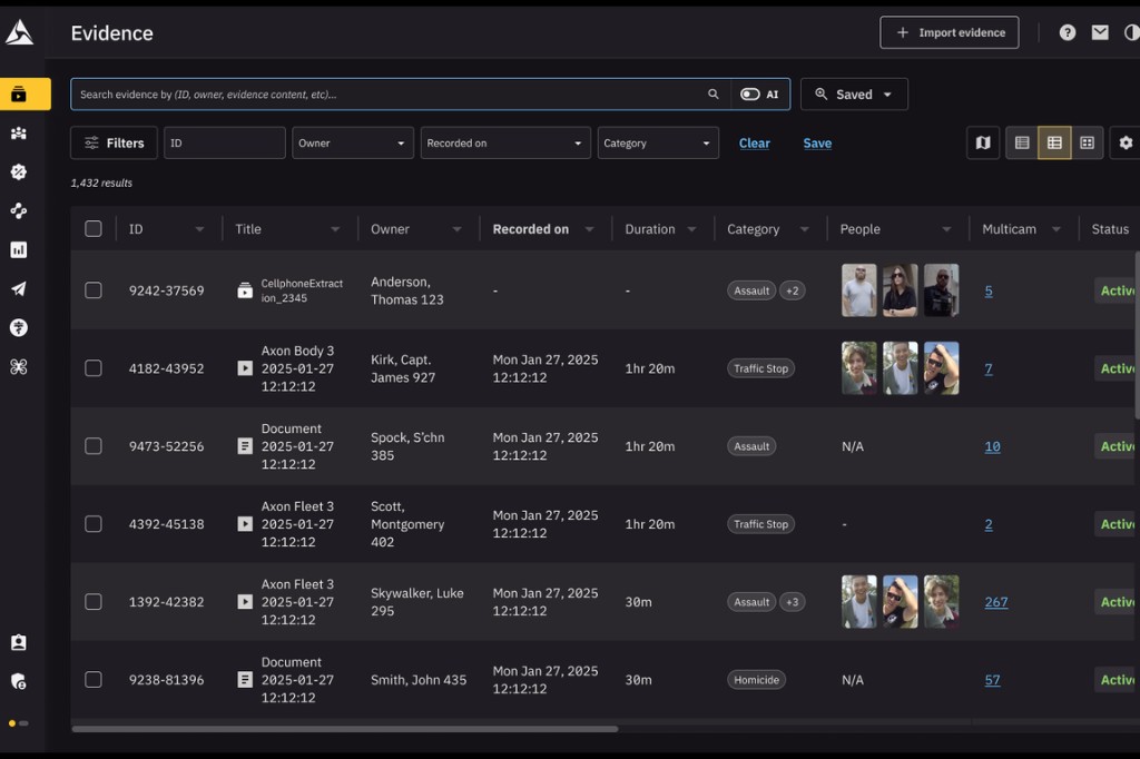 Evidence list view with search, filters, and table of evidence items