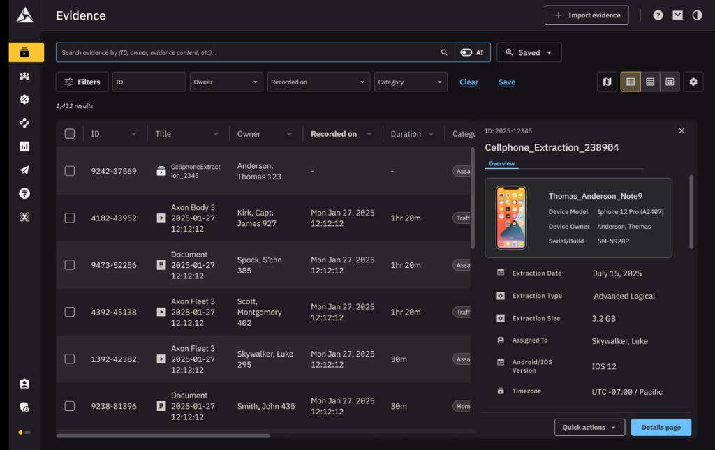Evidence detail panel showing cellphone extraction overview