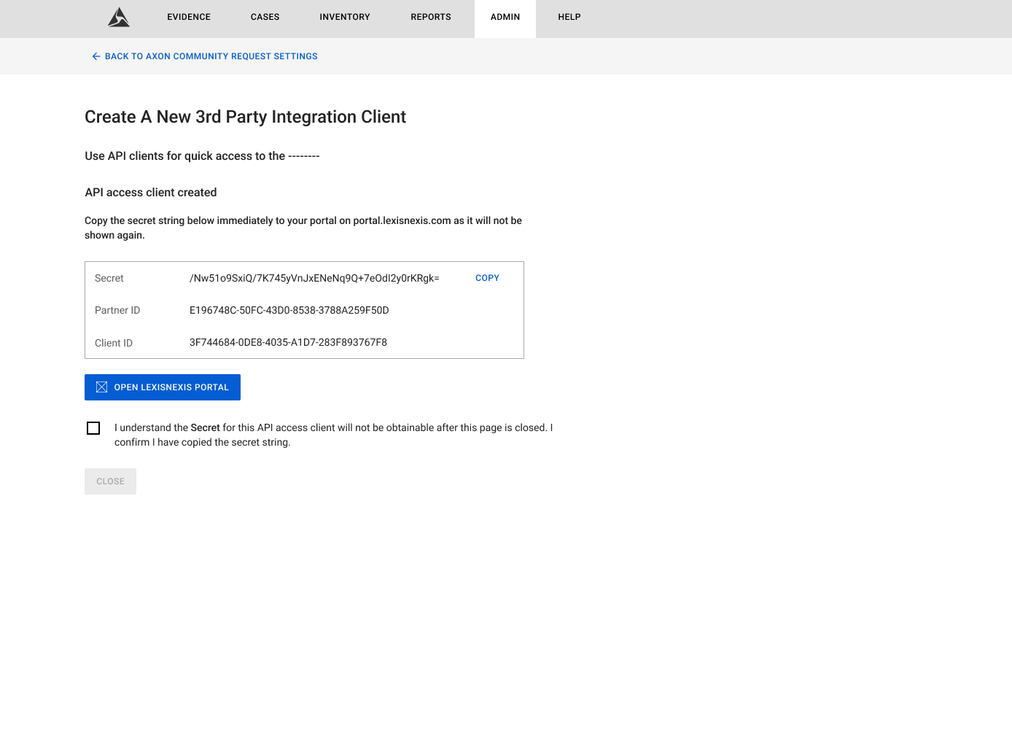 Create A New 3rd Party Integration Client — credentials, copy actions, and acknowledgment