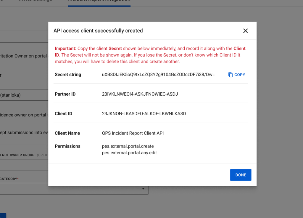 API access client successfully created — dialog pattern with Secret, Partner ID, Client ID