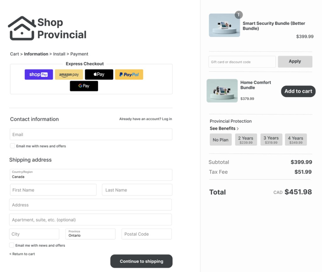 Checkout — bundle-focused add-ons (Home Comfort Bundle)