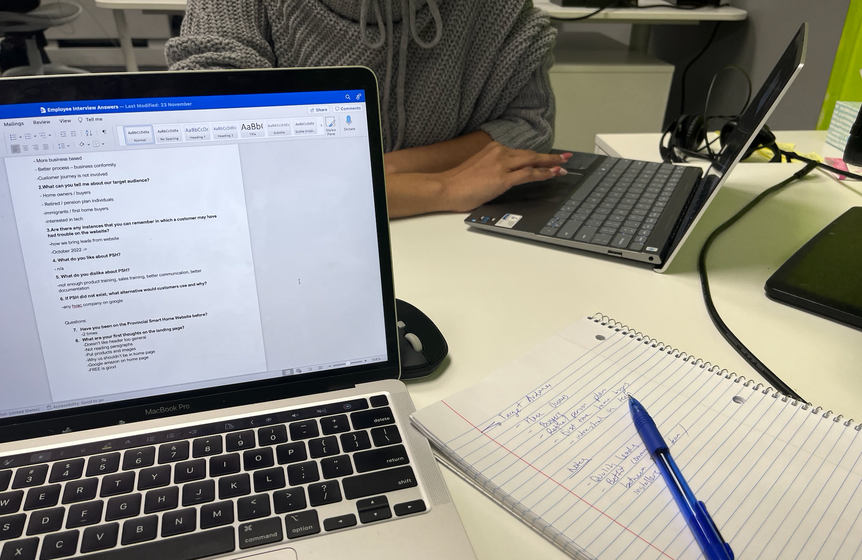 Employee interview notes and research reference — Word doc and handwritten notebook