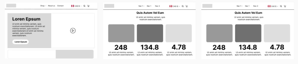 Wireframe — video hero with supporting content and bundle metrics